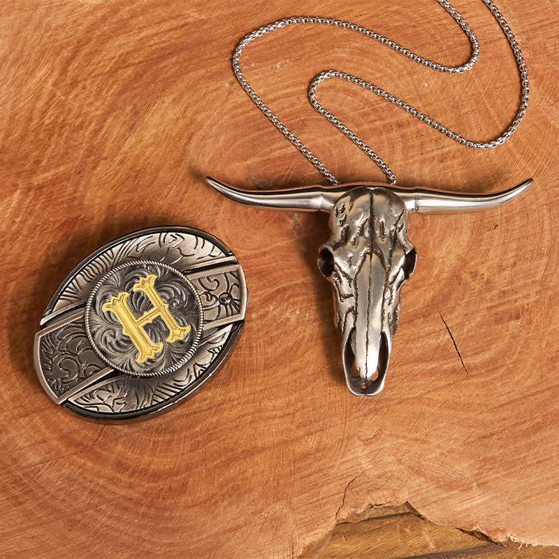 Initial Letter DIY Hidden Knife Belt Buckle Longhorn Pendant Bundle Set - H - Without Belt - image 16
