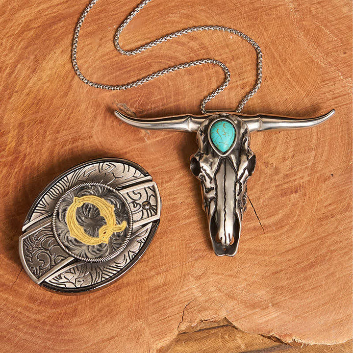 Initial Letter DIY Hidden Knife Buckle Turquoise Bull Pendant Bundle Set - Q - Without Belt - image 25