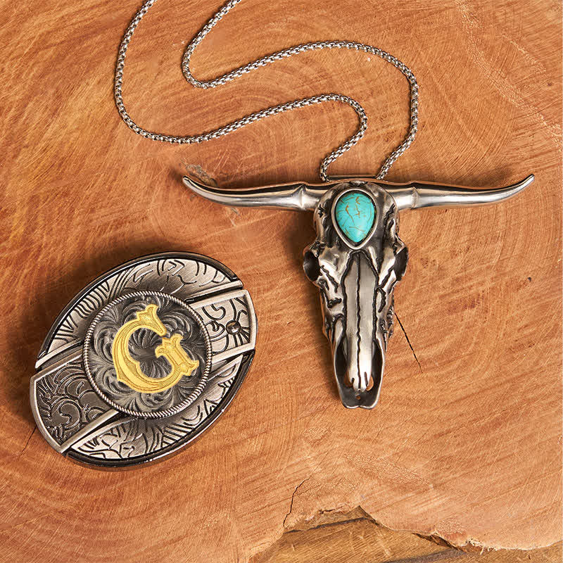 Initial Letter DIY Hidden Knife Buckle Turquoise Bull Pendant Bundle Set - G - Without Belt - image 15