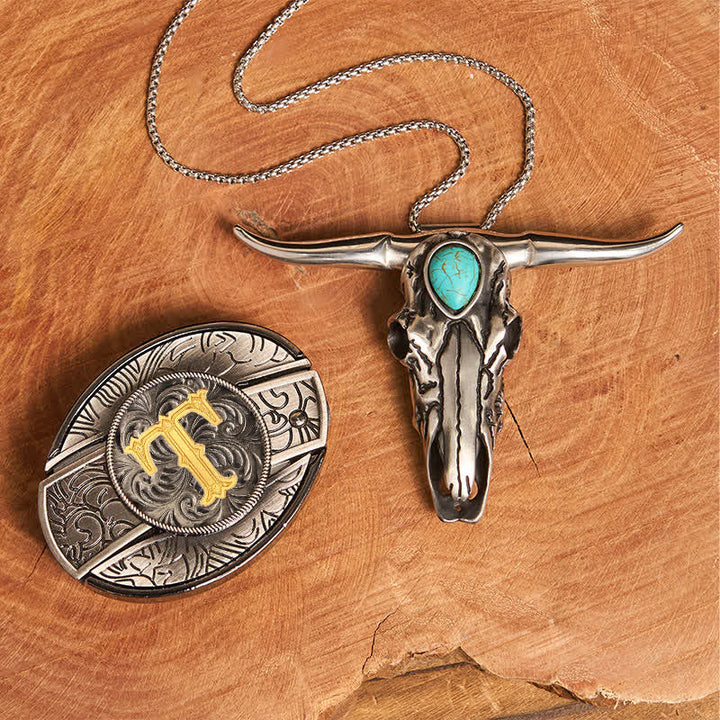 Initial Letter DIY Hidden Knife Buckle Turquoise Bull Pendant Bundle Set - T - Without Belt - image 28