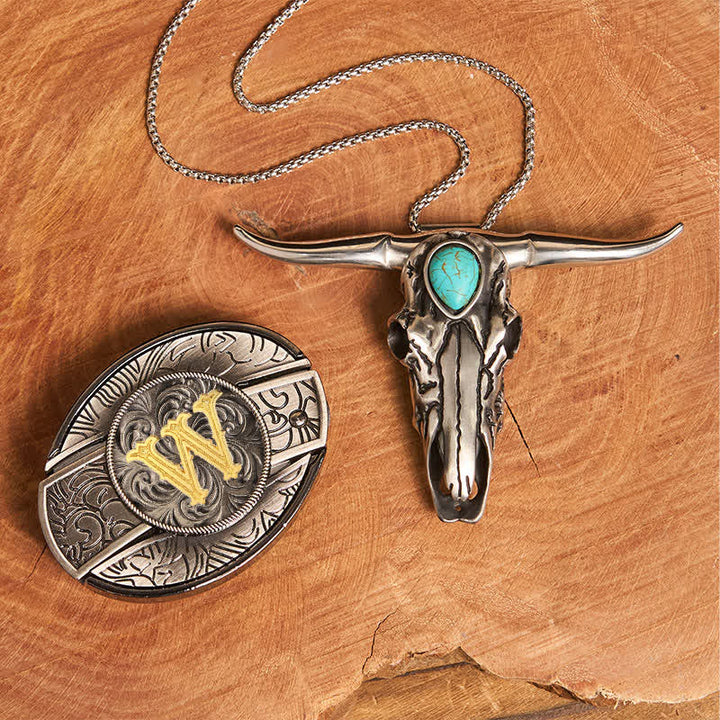 Initial Letter DIY Hidden Knife Buckle Turquoise Bull Pendant Bundle Set - W - Without Belt - image 31