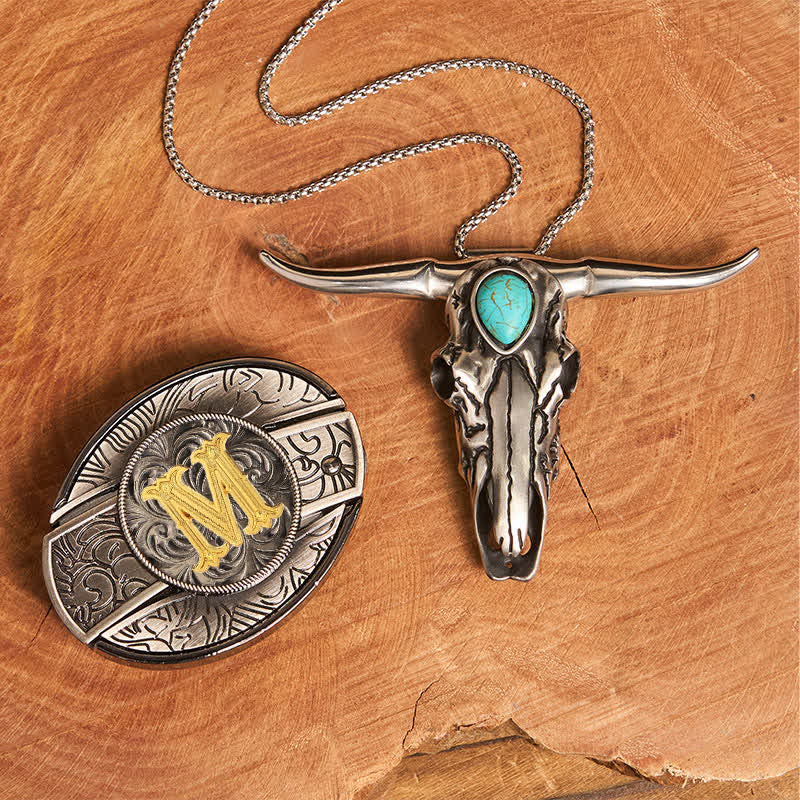 Initial Letter DIY Hidden Knife Buckle Turquoise Bull Pendant Bundle Set - M - Without Belt - image 21