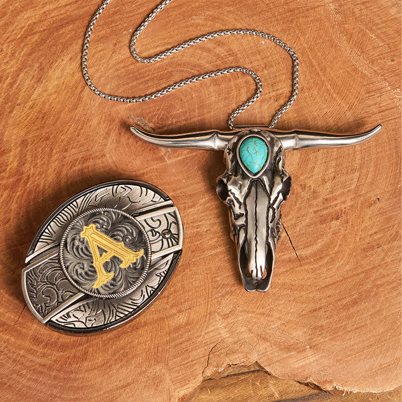 Initial Letter DIY Hidden Knife Buckle Turquoise Bull Pendant Bundle Set - A - Without Belt - image 10