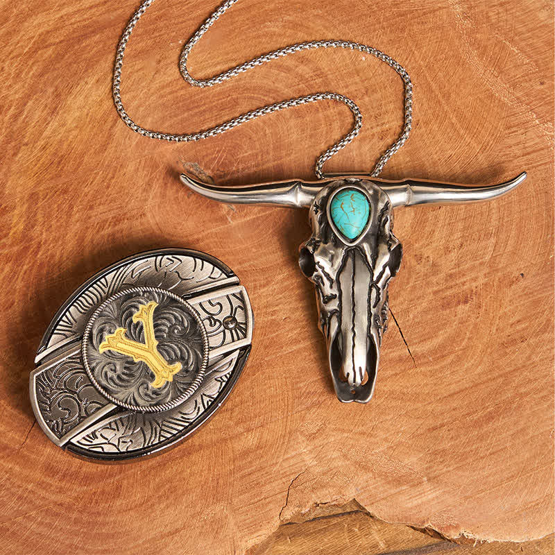 Initial Letter DIY Hidden Knife Buckle Turquoise Bull Pendant Bundle Set - Y - Without Belt - image 33