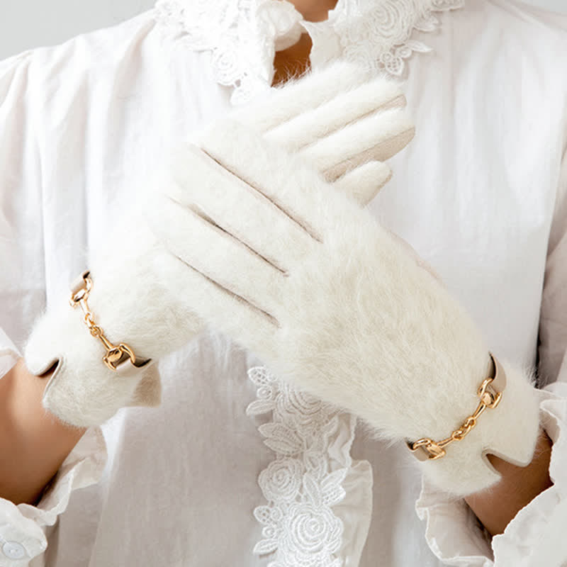 Women's Artificial Rabbit Fur Suede Patchwork Leather Gloves - White - image 8