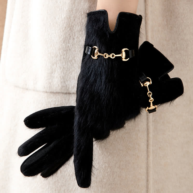 Women's Artificial Rabbit Fur Suede Patchwork Leather Gloves - image 7