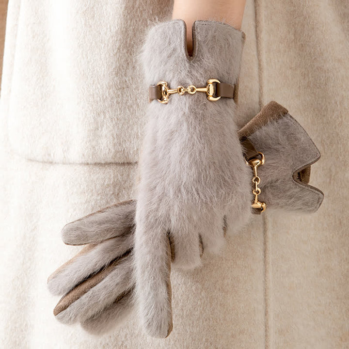 Women's Artificial Rabbit Fur Suede Patchwork Leather Gloves - Khaki - image 0