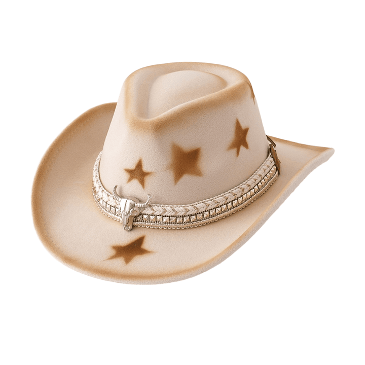 Men's Silver Bull Head Belt Stars Beige Cowboy Hat - Beige - M (22"-22 7/8") - image 0