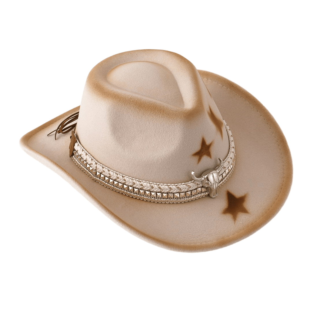 Men's Silver Bull Head Belt Stars Beige Cowboy Hat - image 3