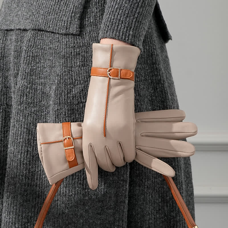 Women's Contrast Color Genuine Sheepskin Leather Gloves - Khaki - L - image 0