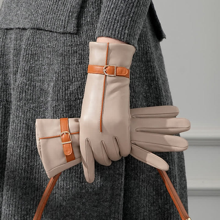 Women's Contrast Color Genuine Sheepskin Leather Gloves - Khaki - L - image 0