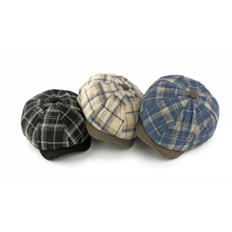 Winter Vintage Plaid Contrast Brim Men's Beret Hat - image 2