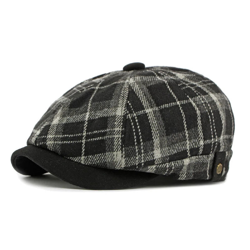 Winter Vintage Plaid Contrast Brim Men's Beret Hat - Black - Adjustable(21 5/8"-23 1/4") - image 5