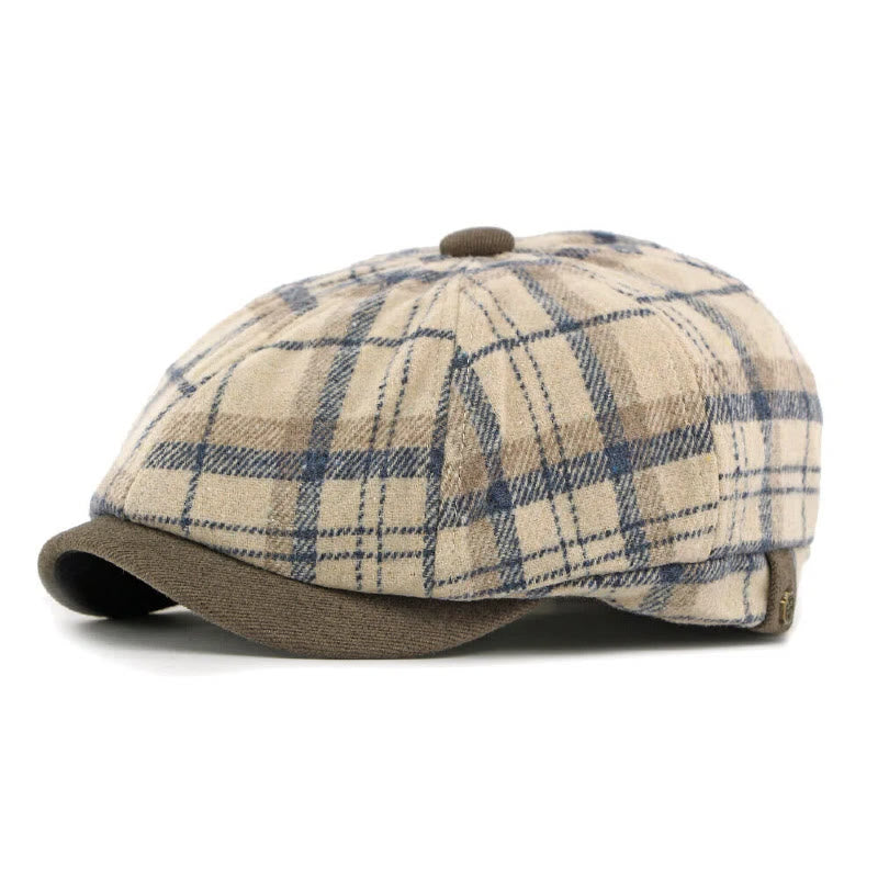 Winter Vintage Plaid Contrast Brim Men's Beret Hat - Off-white - Adjustable(21 5/8"-23 1/4") - image 0