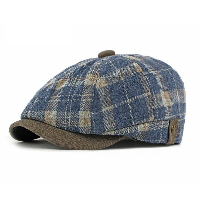 Winter Vintage Plaid Contrast Brim Men's Beret Hat - Blue - Adjustable(21 5/8"-23 1/4") - image 0