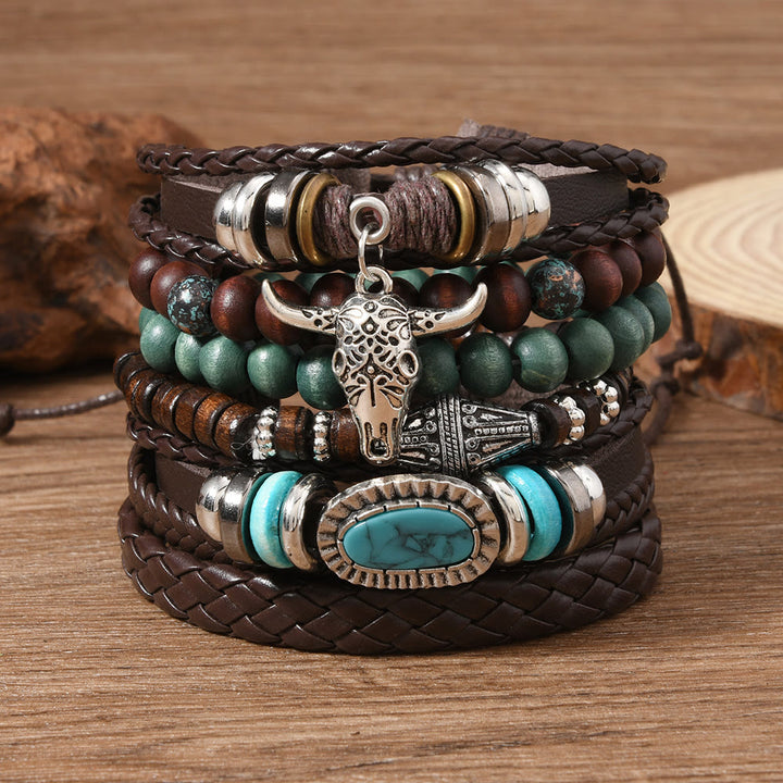6Pcs Western Retro Bullhead Turquoise Leather Beaded Bracelet - Bullhead Turquoise - image 8