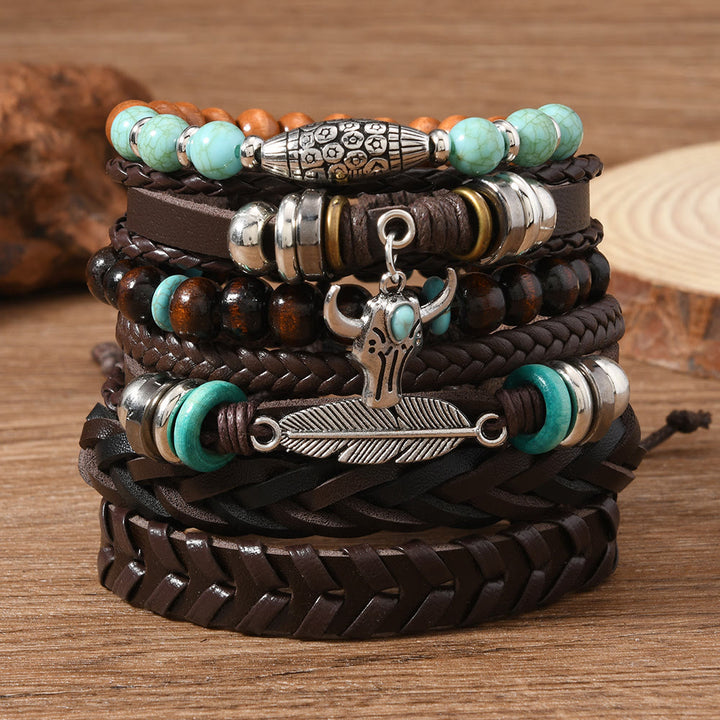 6Pcs Western Retro Bullhead Turquoise Leather Beaded Bracelet - Bullhead Feather - image 2