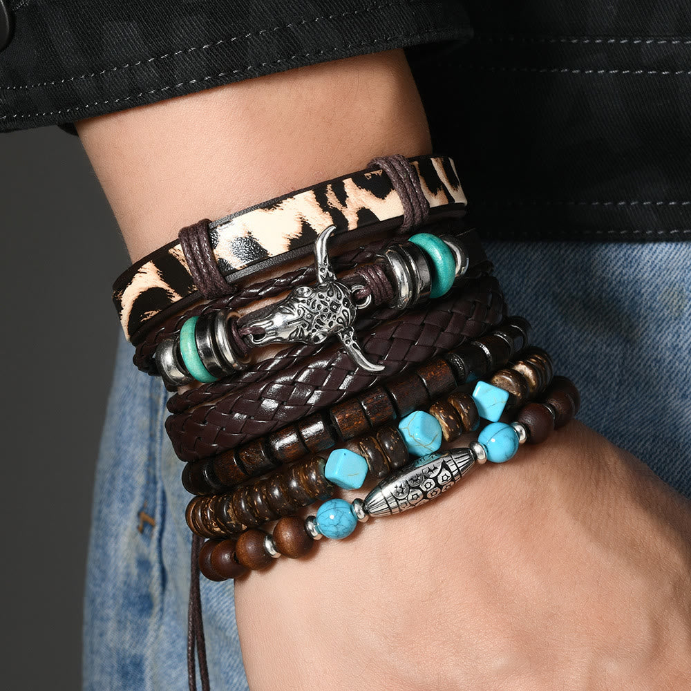 6Pcs Western Retro Bullhead Turquoise Leather Beaded Bracelet - image 7