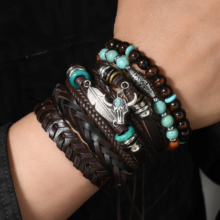 6Pcs Western Retro Bullhead Turquoise Leather Beaded Bracelet - image 3