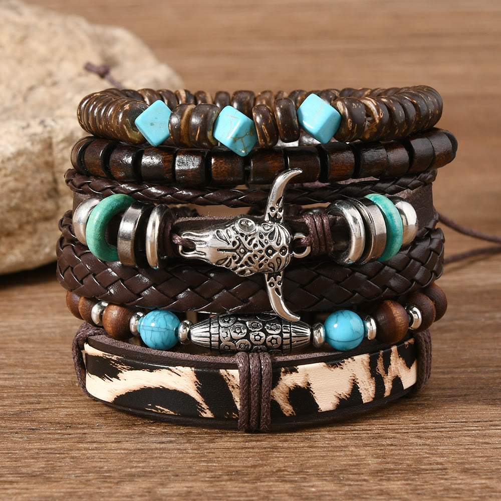 6Pcs Western Retro Bullhead Turquoise Leather Beaded Bracelet - Leopard Print Bullhead - image 6