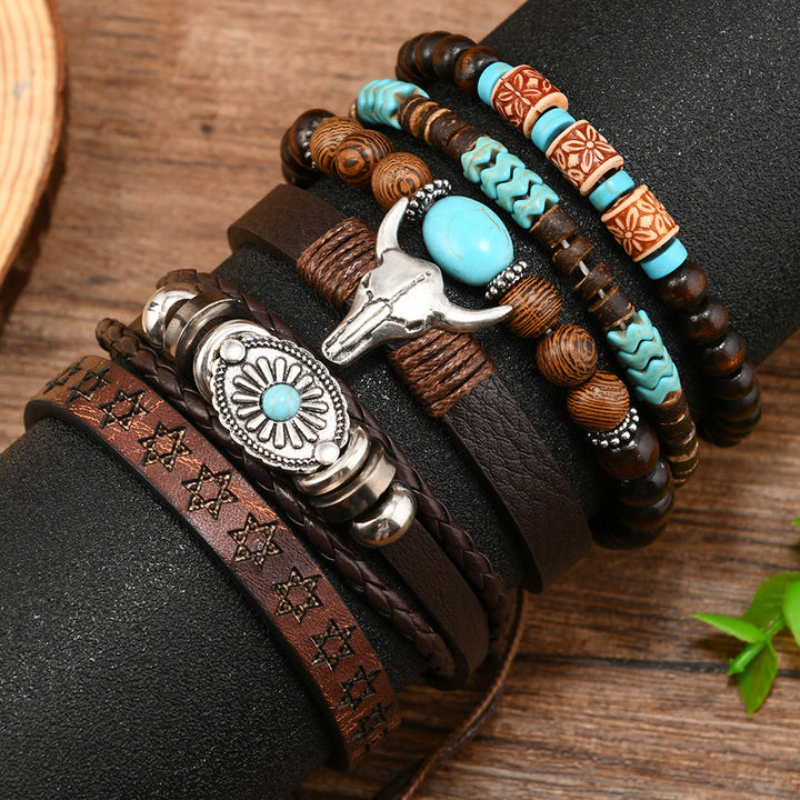 6Pcs Western Retro Bullhead Turquoise Leather Beaded Bracelet - image 1