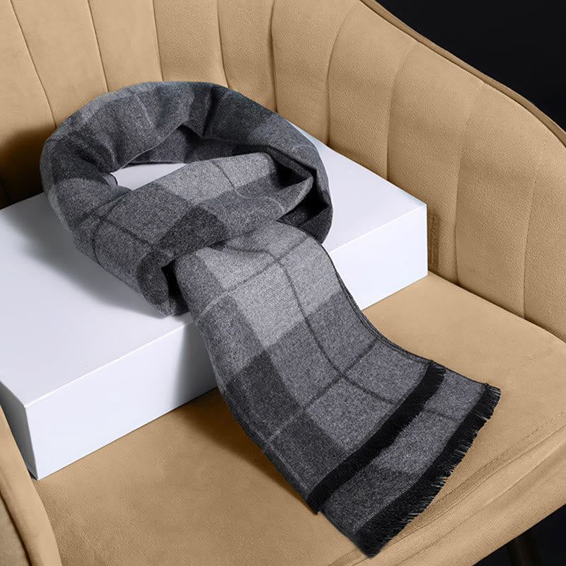Men's Classic Plaid Tassel Warm Scarf - Grey - image 7