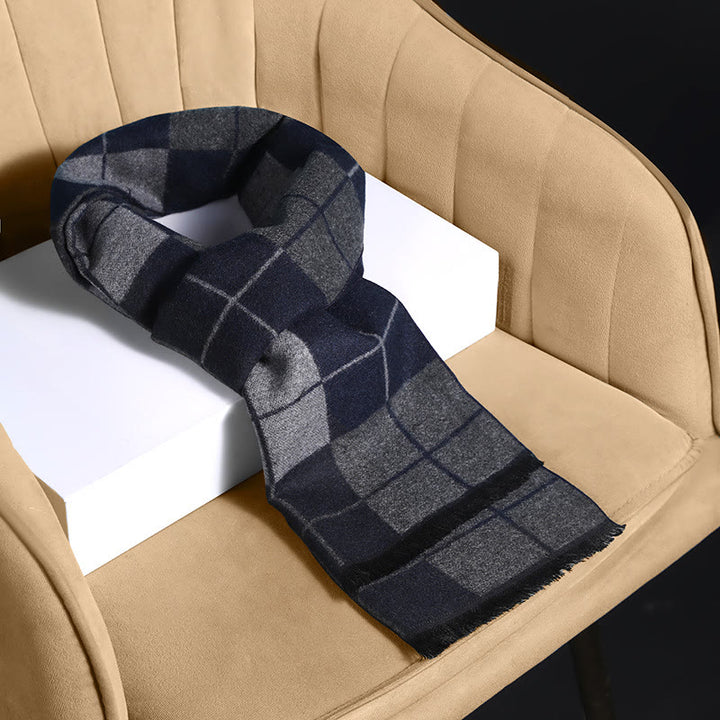 Men's Classic Plaid Tassel Warm Scarf - Navy Blue - image 0