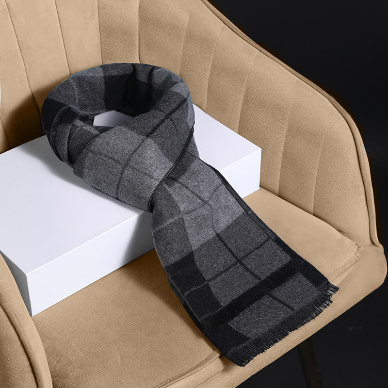 Men's Classic Plaid Tassel Warm Scarf - Black Grey - image 4