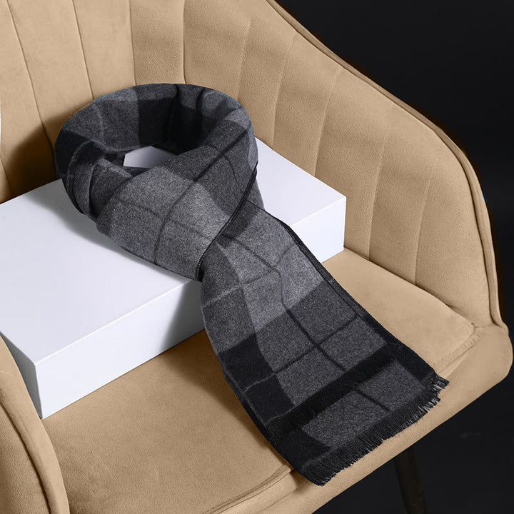 Men's Classic Plaid Tassel Warm Scarf - Black Grey - image 4