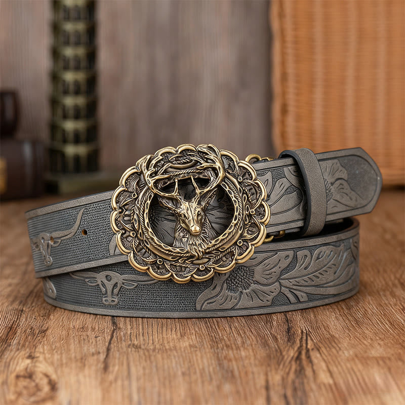Men's Exquisite Deer Head Buckle Embossed Belt - Grey - 38 - image 6