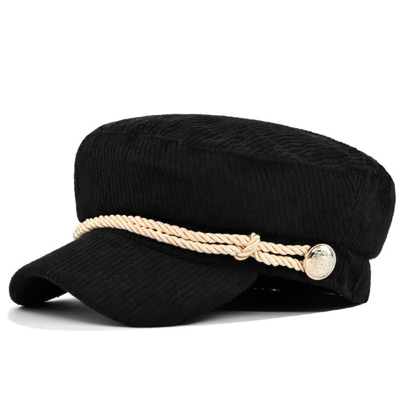 Ribbed Corduroy Braided Rope Band Sailor Style Beret Hat - Black - M (22"-22 7/8") - image 8