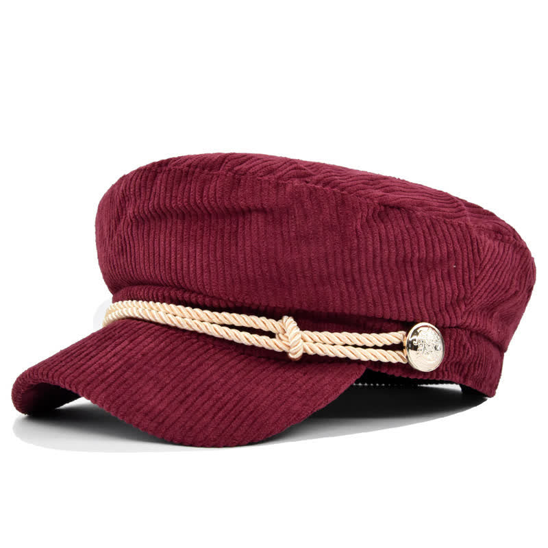 Ribbed Corduroy Braided Rope Band Sailor Style Beret Hat - Burgundy - M (22"-22 7/8") - image 9