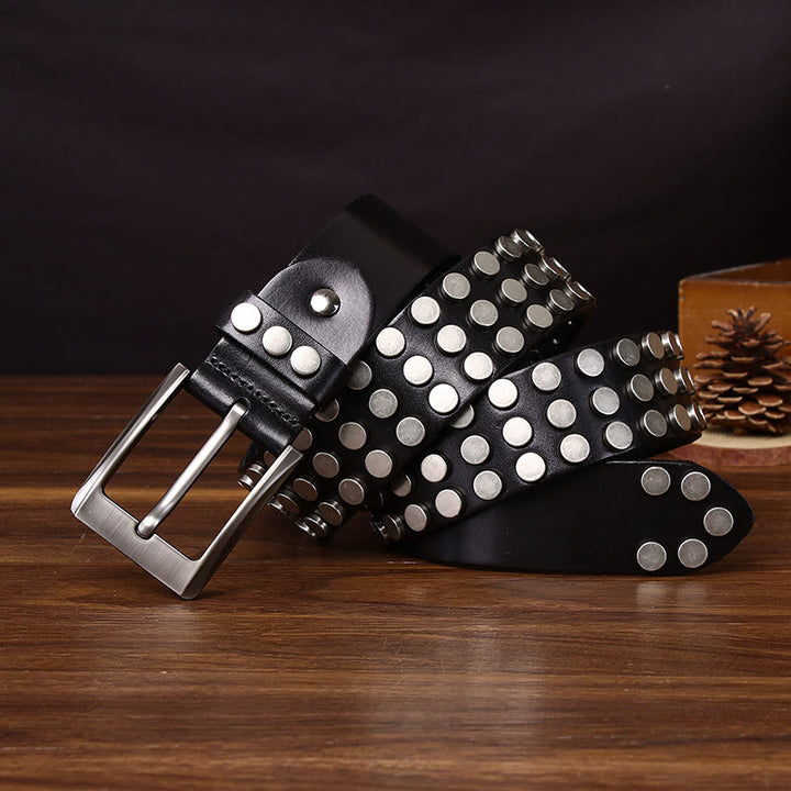 Bold High-Quality Rivet-Adorned Buckle Leather Belt - Black - 44 - image 0