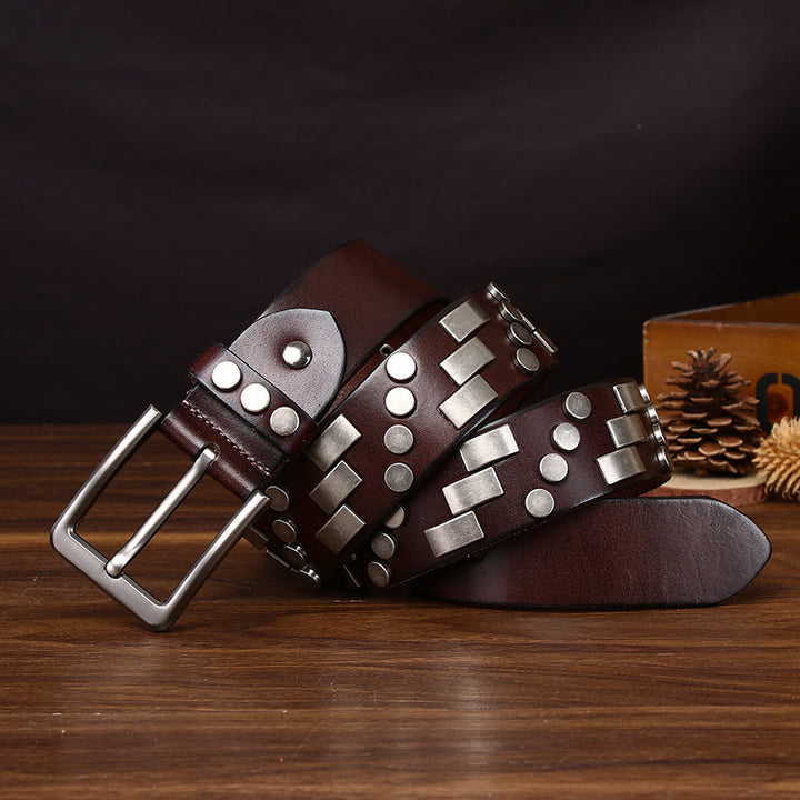 Premium Square and Circular Metal Accent Leather Belt - Brown - 44 - image 3