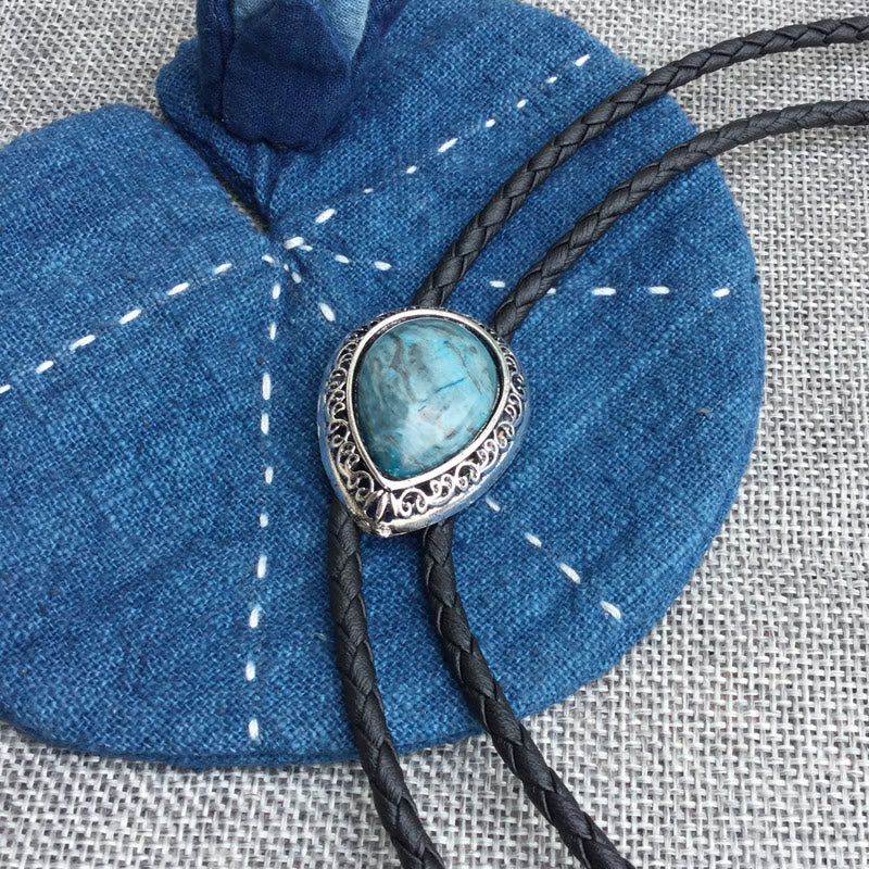 Teardrop Turquoise Vintage Carved Metal Bolo Ties - Blue - image 0