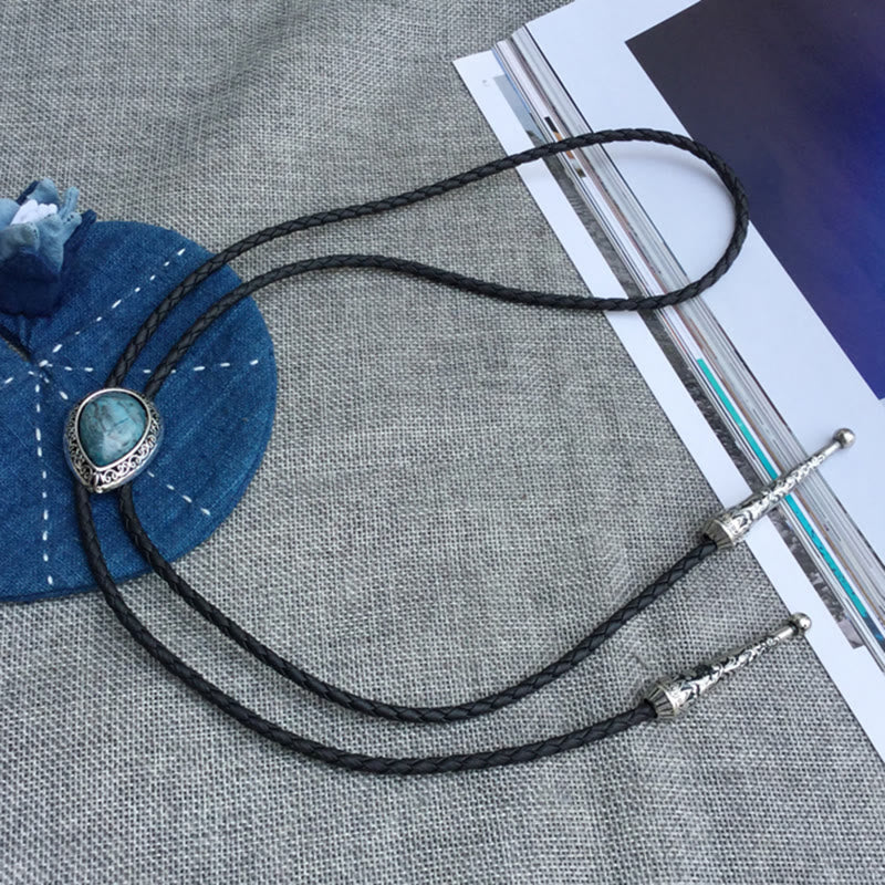 Teardrop Turquoise Vintage Carved Metal Bolo Ties - image 1