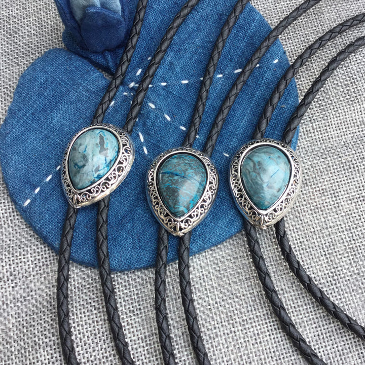 Teardrop Turquoise Vintage Carved Metal Bolo Ties - image 3