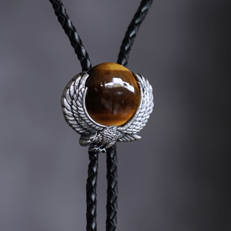 Wing-Accented Tiger Eye Stone Vintage Metal Bolo Ties - image 4