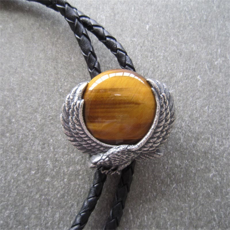 Wing-Accented Tiger Eye Stone Vintage Metal Bolo Ties - image 9