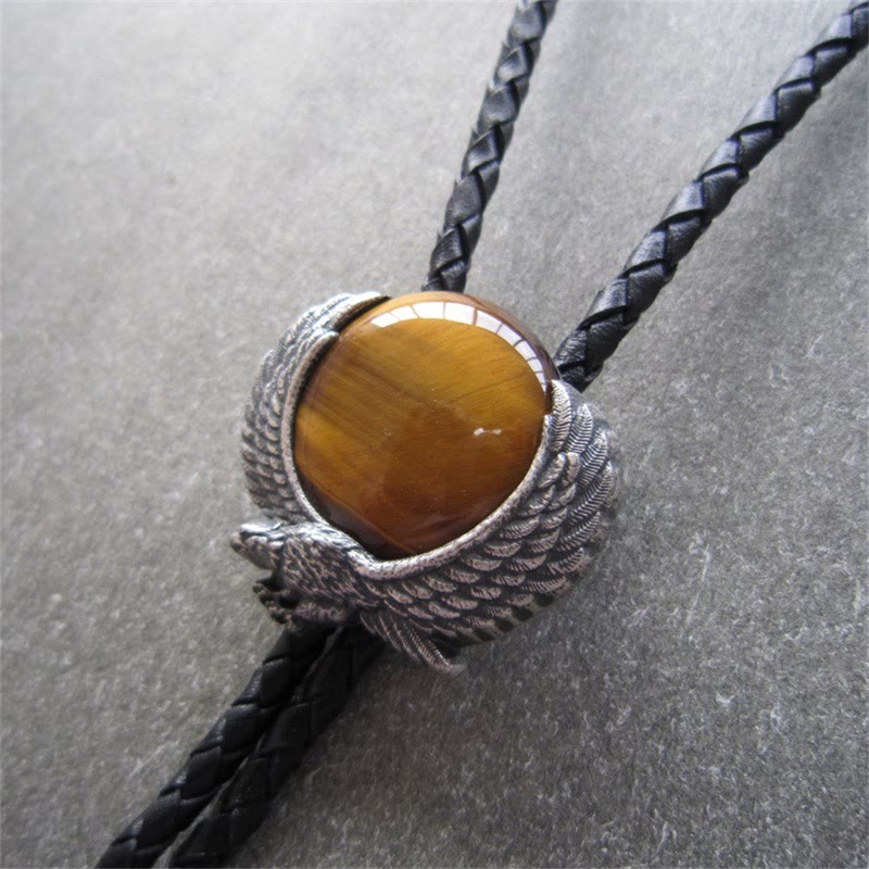 Wing-Accented Tiger Eye Stone Vintage Metal Bolo Ties - image 8