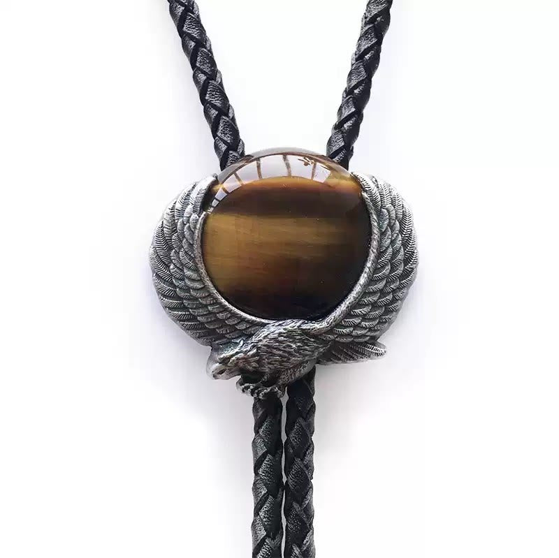 Wing-Accented Tiger Eye Stone Vintage Metal Bolo Ties - image 2