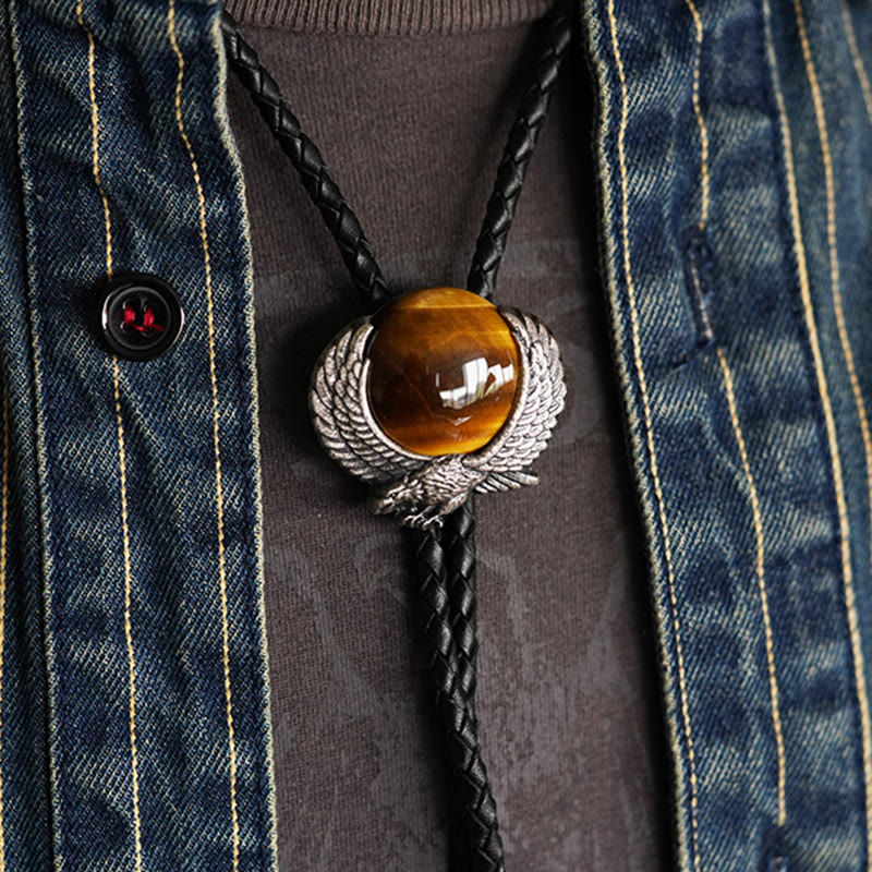 Wing-Accented Tiger Eye Stone Vintage Metal Bolo Ties - Golden - image 0