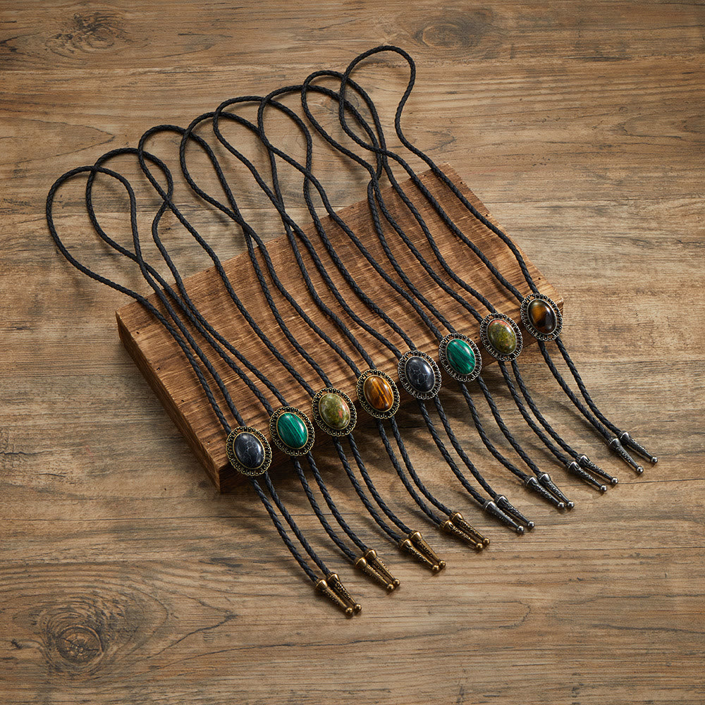 Assorted Natural Gemstone Retro Metal Frame Bolo Ties - image 0