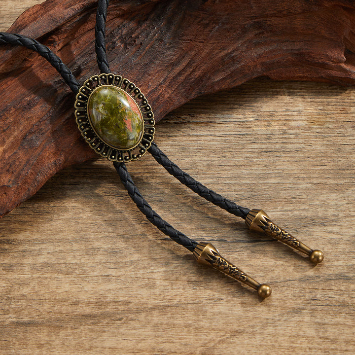 Assorted Natural Gemstone Retro Metal Frame Bolo Ties - Style #3 - image 3