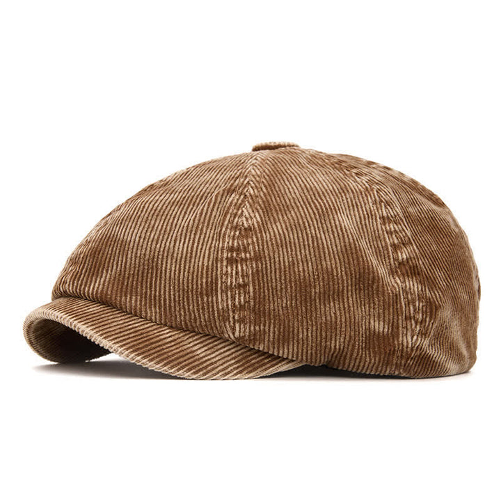 Retro-Inspired Solid Color Corduroy Newsboy Beret Hat - Khaki - Adjustable (22 1/2"-24") - image 0
