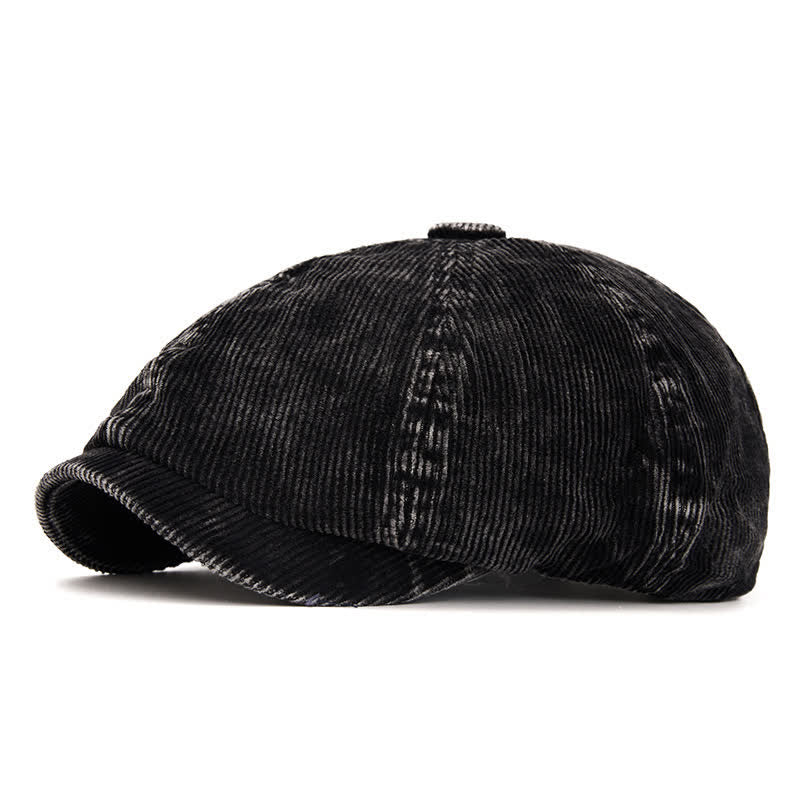 Retro-Inspired Solid Color Corduroy Newsboy Beret Hat - Black - Adjustable (22 1/2"-24") - image 8