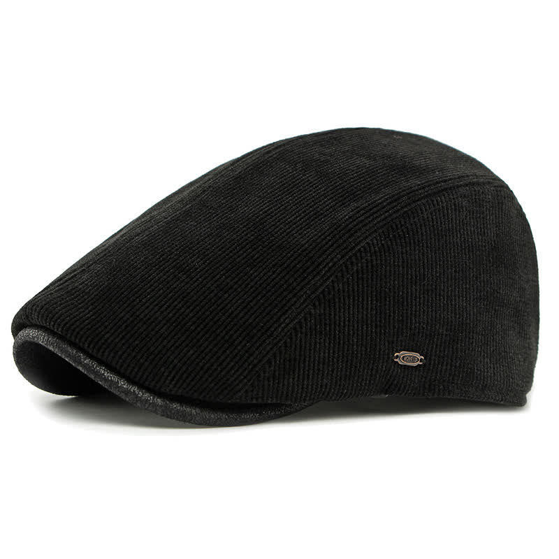 Modern Contrasting Brim Corduroy Flat Top Beret Hat - Black - Adjustable (21 5/8"-23 1/4") - image 12