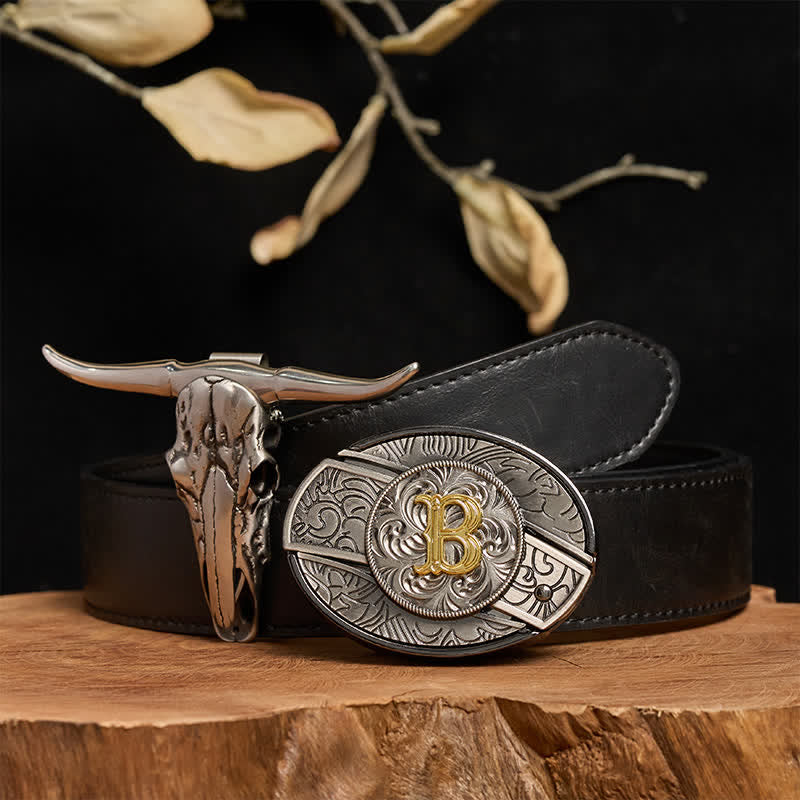 Initial Letter DIY Hidden Knife Belt Buckle Longhorn Pendant Bundle Set - B - Black PU Belt (40) - image 3