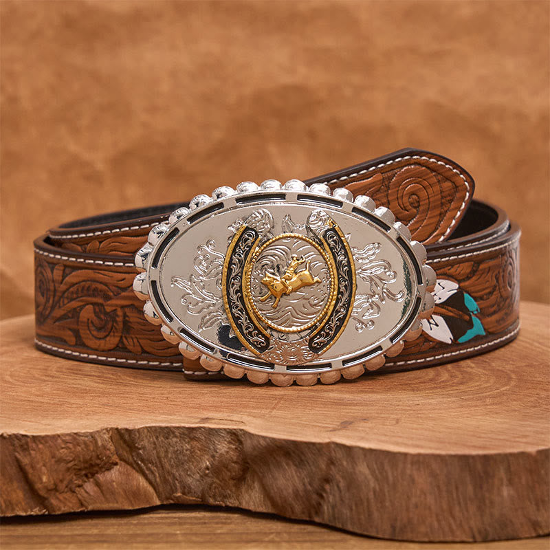 Retro Golden Cowboy Bull Silver Oval Buckle Leather Belt - Brown Feather Belt - 40 - image 7