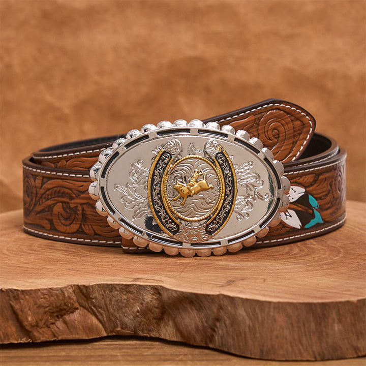 Retro Golden Cowboy Bull Silver Oval Buckle Leather Belt - Brown Feather Belt - 40 - image 7